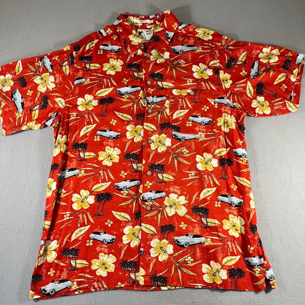 M.E. Sport Mens XL Hawaiian Shirt Red aloha Classic Car Tropical Palm Tree Print